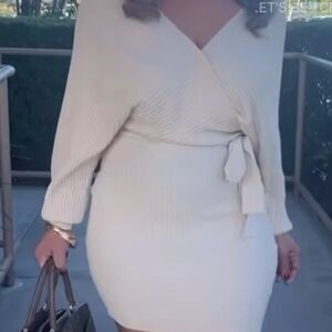 Love Tree Cream Ribbed Wrap Mini Dress